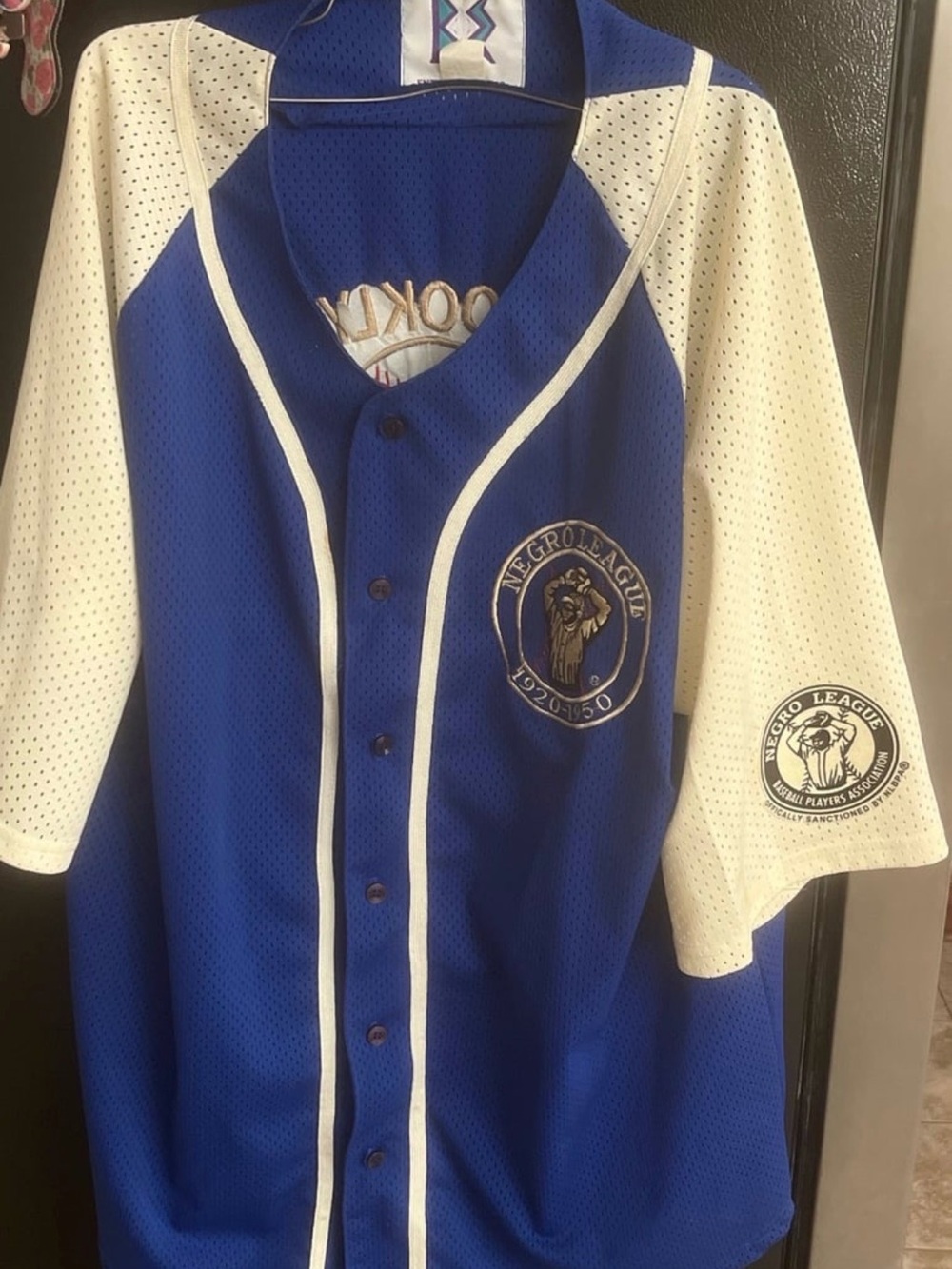 Blue and White Mesh Baseball Jersey with Negro Leagues Patches
